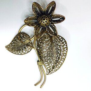 Vintage Filigree Flower Leaf Brooch Antique Bronze Delicate Artisan Handcrafted